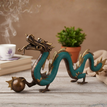 Statua di Drago in Ottone Feng Shui con Sfera – 27 cm