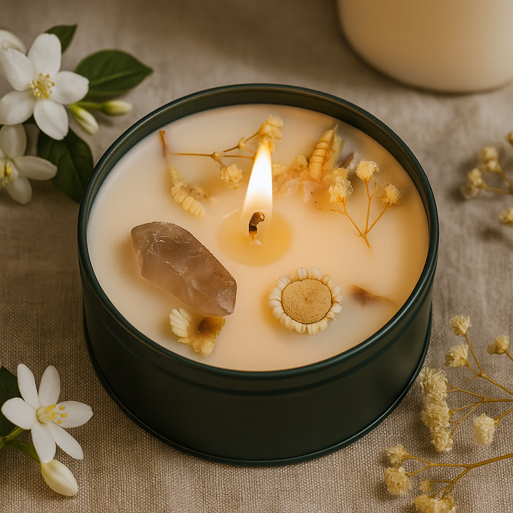 Vela perfumada de cristal de cuarzo roca, jazmín, león de jardín