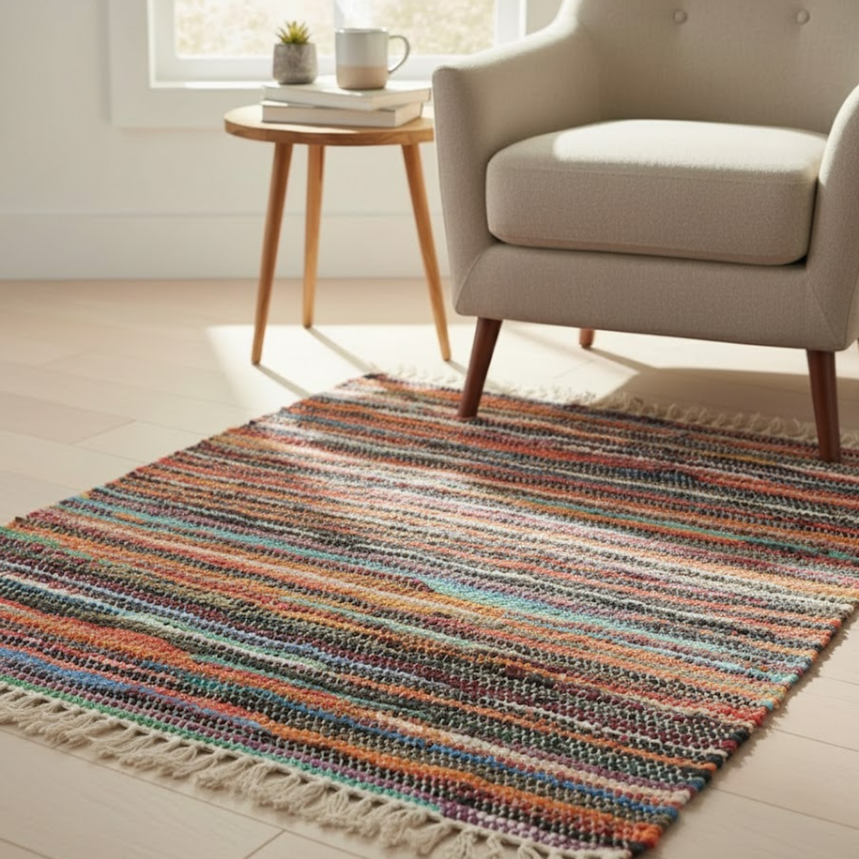 Käsintehty luonnollinen räsymatto 155 x 90cm