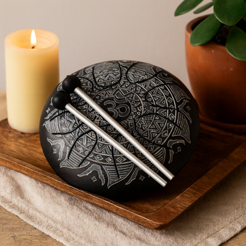 Tamburo a lingua in acciaio 16 cm 8 note Om Mandala inciso