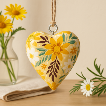 Heart-Shaped Hanging Ornament Wood Yellow Floral Glossy Large