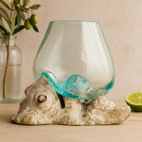 Molten Glass Bowl on Whitewash Wood, Large, Glass Bowl on Driftwood