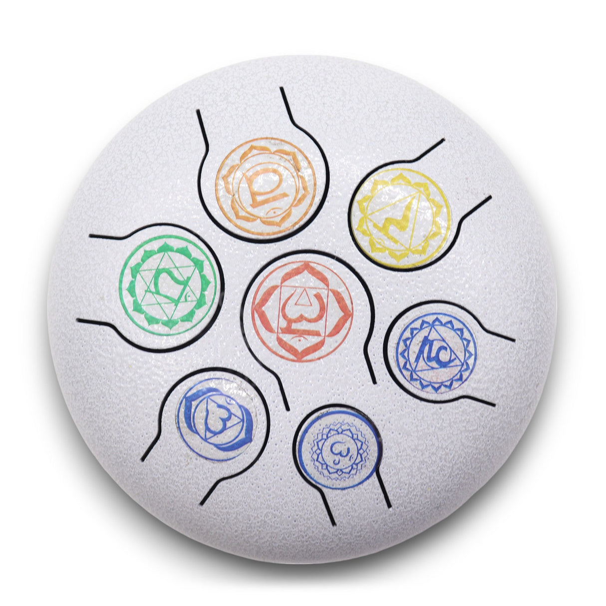 7 Chakra Hapi Steel Tongue Drum - 18cm White Percussion Instrument with Colorful Chakra Symbols and Mallets - SHAMTAM.COM