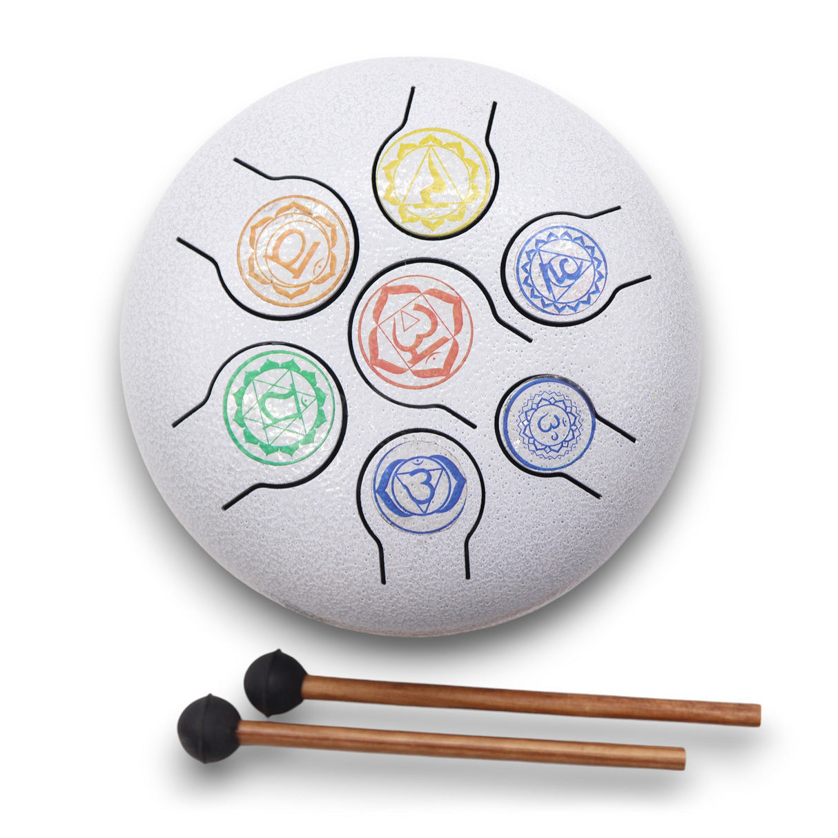 7 Chakra Hapi Steel Tongue Drum - 18cm White Percussion Instrument with Colorful Chakra Symbols and Mallets - SHAMTAM.COM
