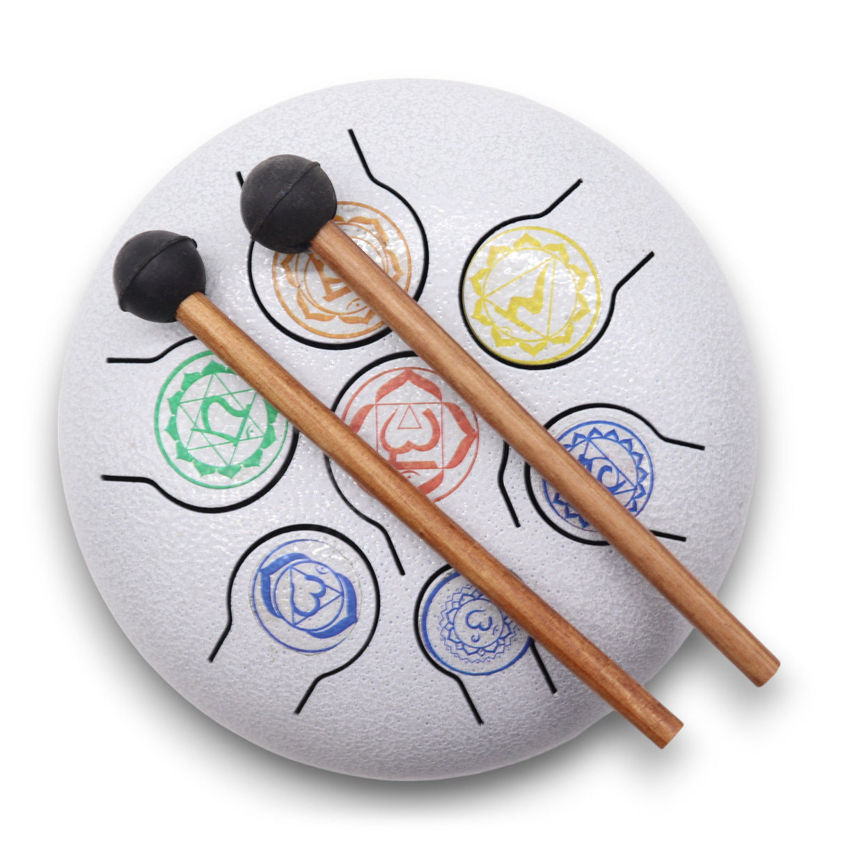7 Chakra Hapi Steel Tongue Drum - 18cm White Percussion Instrument with Colorful Chakra Symbols and Mallets - SHAMTAM.COM