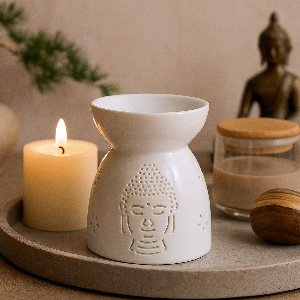 Suport pentru ulei cu decupaj Buddha alb