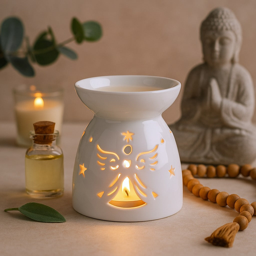 Bruciaessenze con Candela Tealight Angioletto Intagliato Bianco