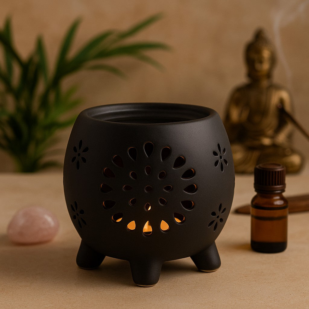 Difuzor de ulei negru mat cu model floral exploziv