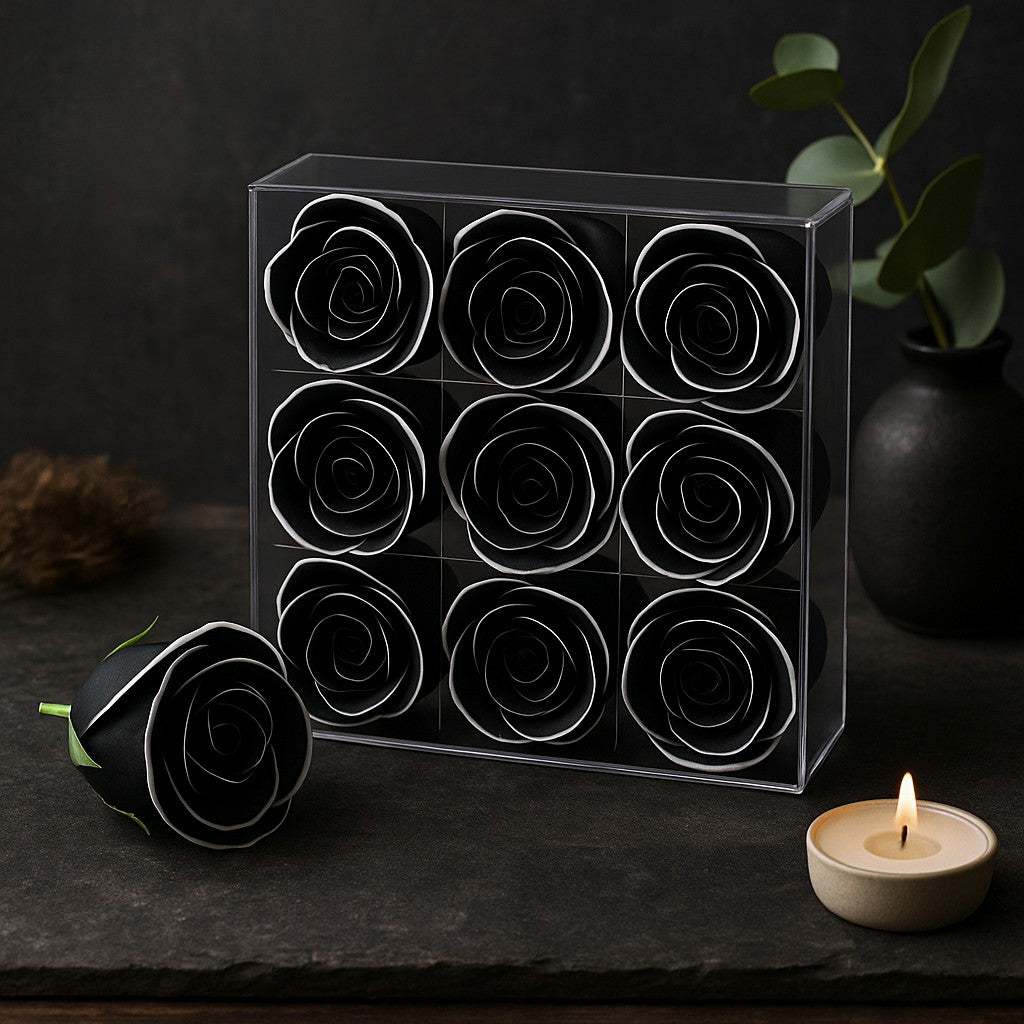 Flores de Sabão Rosa Média Preto Branco Borda Pacote de 10