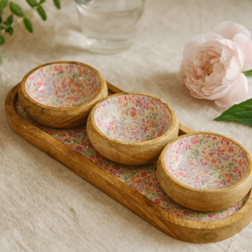 Mango Wood Tray Set, Hand-Painted Floral Ceramic Bowls