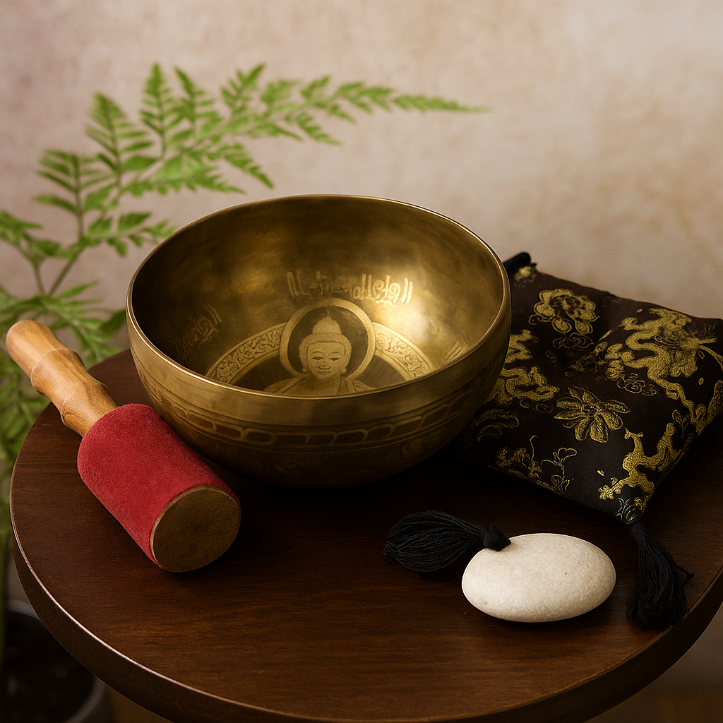 Singing Bowl Set Brass Golden Buddha