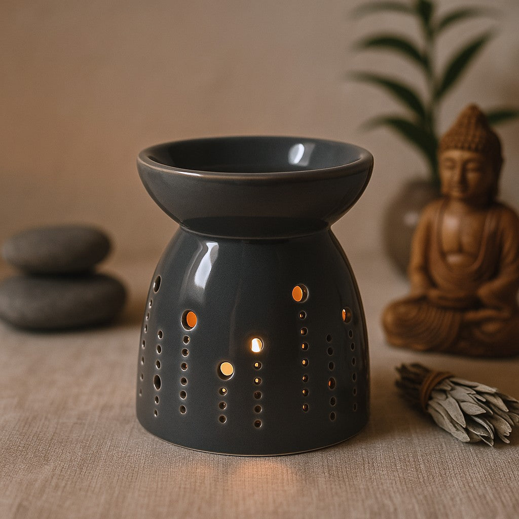 Queimador de Óleo com Vela Tealight e Recorte de Bolhas Cinzento