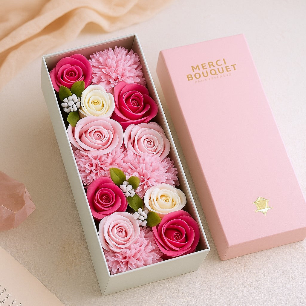 Flores de Sabão Caixa Longa Bênçãos para Bebé Tons de Rosa