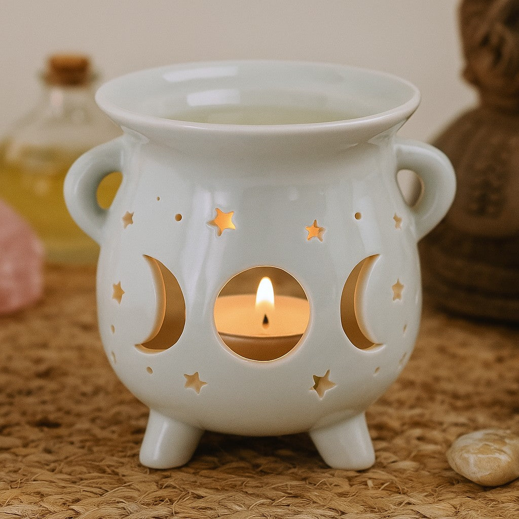 Queimador de Óleo Vela Tealight Caldeirão Fase da Lua Branco