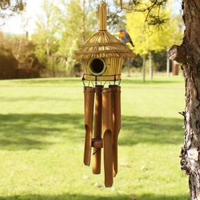 Bird Box Round Seagrass With Chimes 45x17cm, Wind Chime