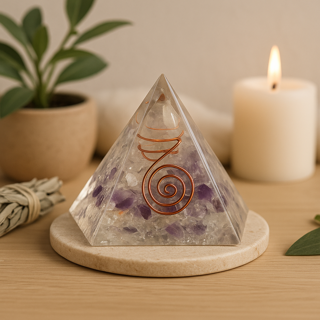 Orgonitová pyramida s krystaly a mědí, 55mm