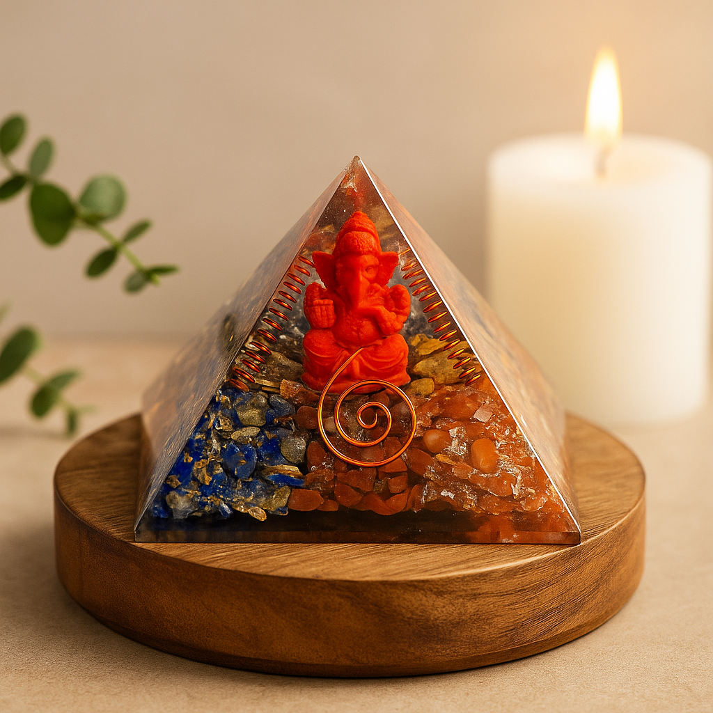 Orgonitová pyramida Ganéša měděné krystaly drahokamy 70mm