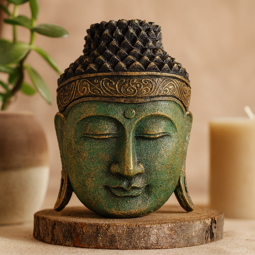Estátua de Cabeça de Buda 25cm Acabamento Verde Brilhante