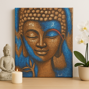 Buddha Painting Bronze and Blue Flower 75x55 cm