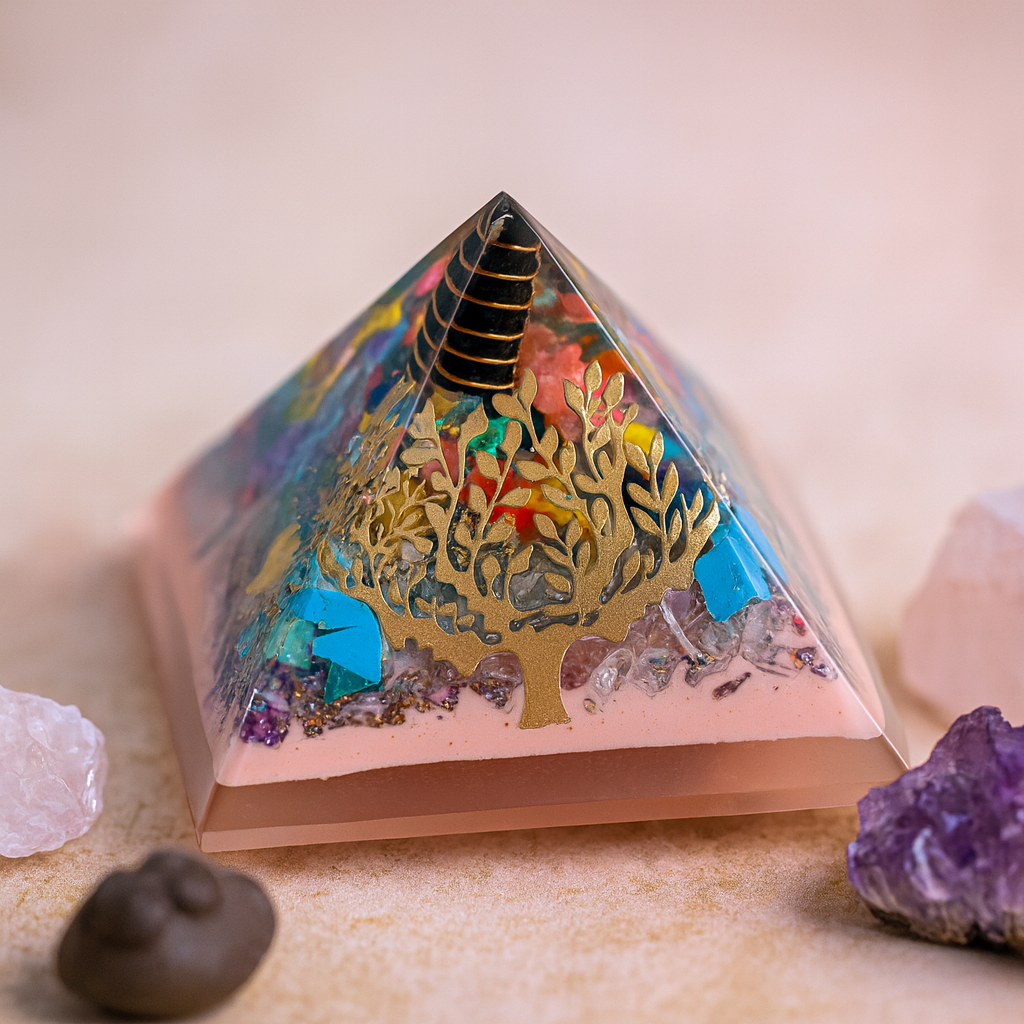 Orgonitová pyramida strom země základna měď krystaly 70mm
