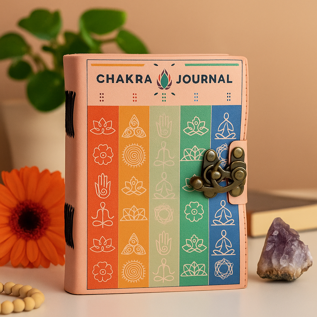 Cuaderno de cuero con siete chakras, borde desbarbado, 7x5