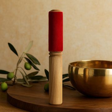 Mazo para cuenco tibetano con envoltura de terciopelo y percutor de madera