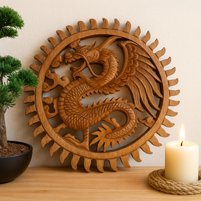Dragon Plaque Carving Winged Sun