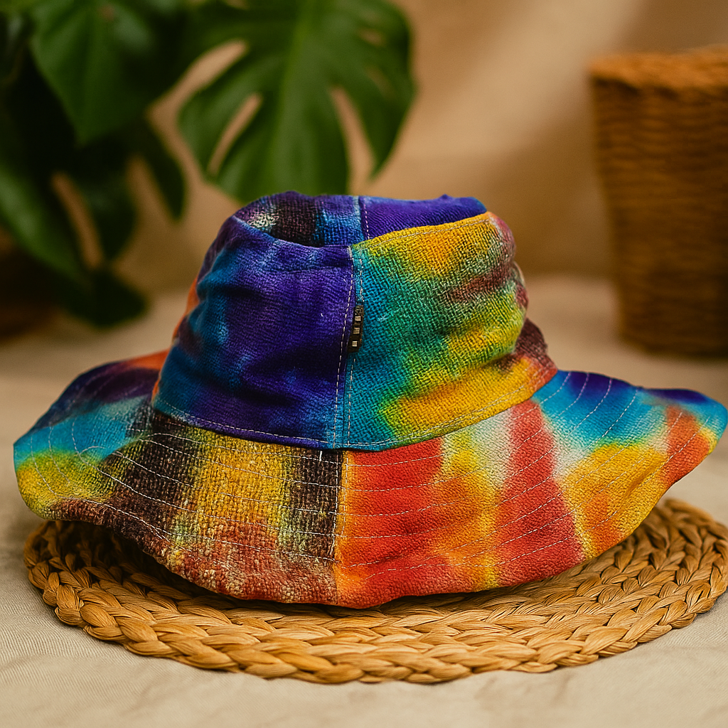 Batikolt boho kalap kendermag pamut merevített karimával