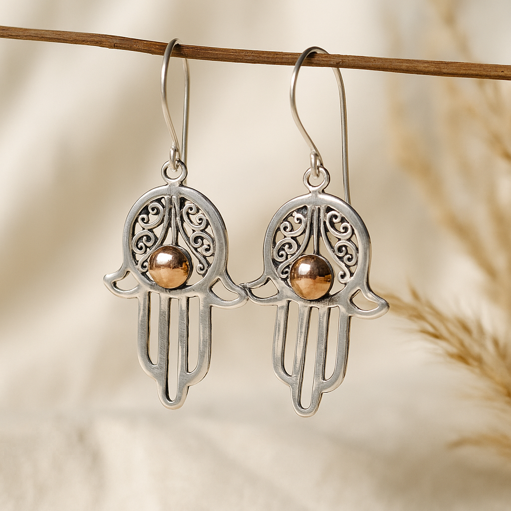 Hamsa fülbevaló pár - arany és sterling ezüst