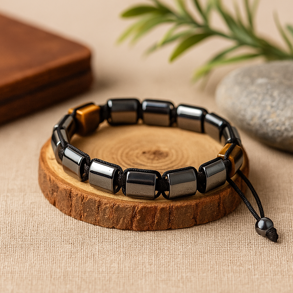 Magnetický hematitový náramek Shamballa s bílými jaspisovými kvádry