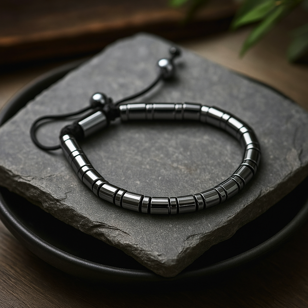 Magnetický hematitový náramek Shamballa s válcovými a kruhovými korálky