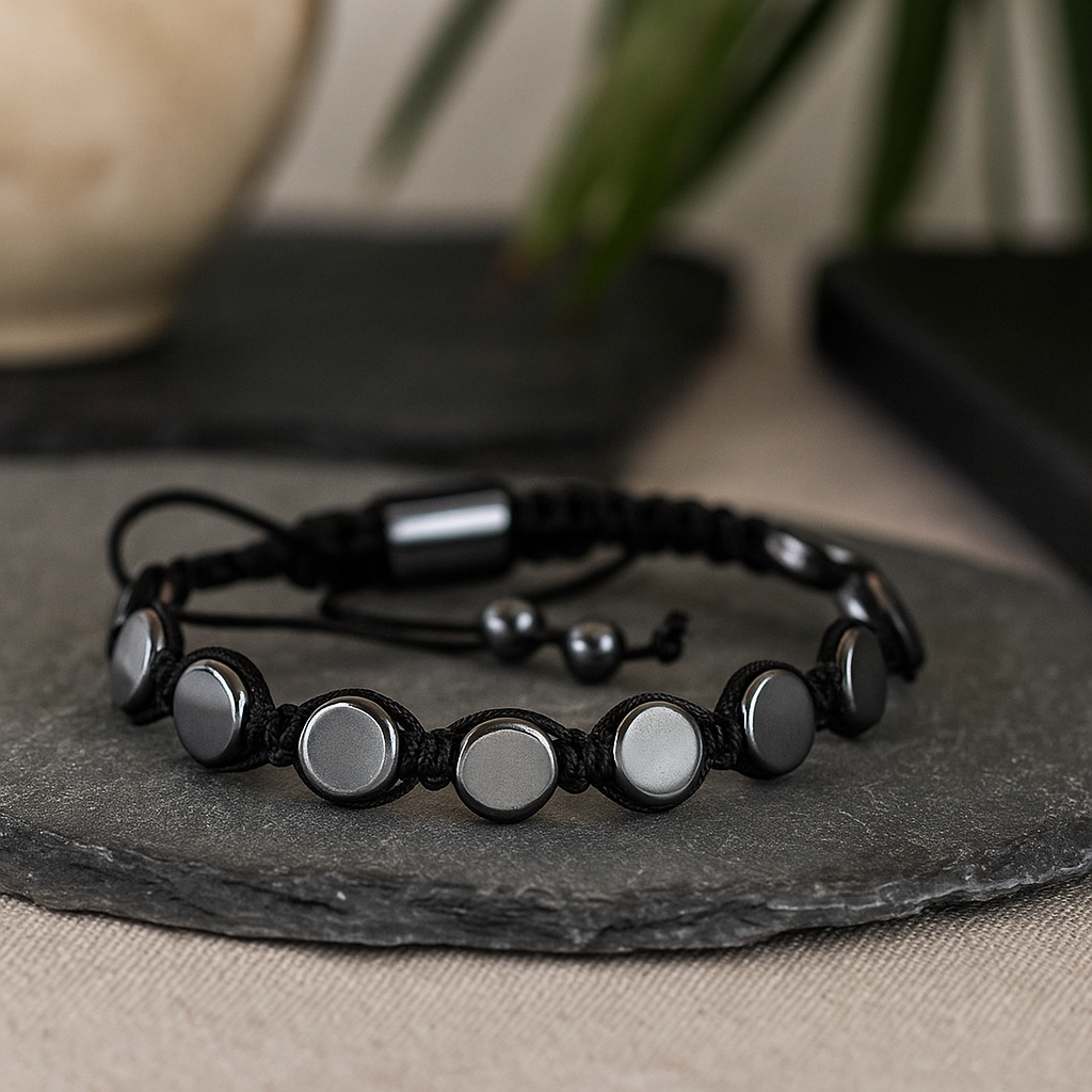 Magnetický hematitový náramek Shamballa, ploché kulaté korálky