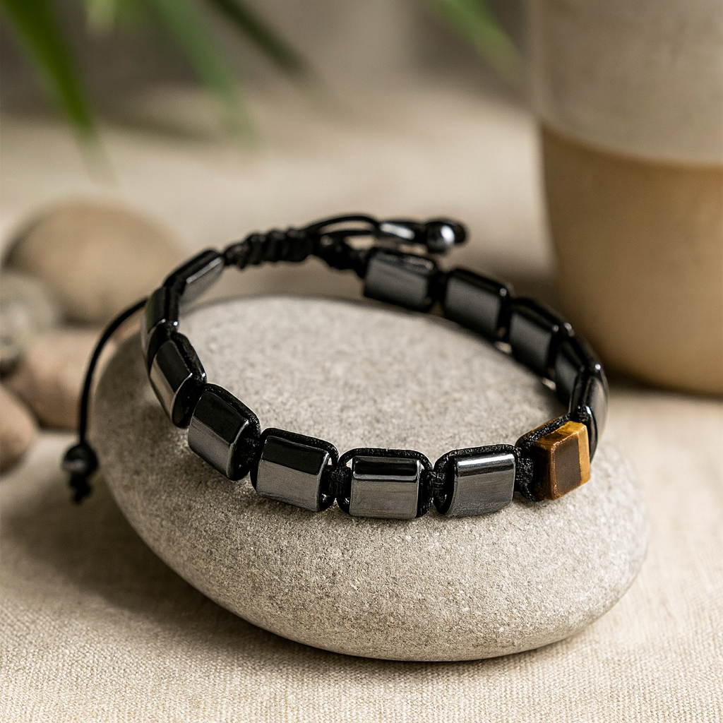 Magnetický hematitový náramek Shamballa, korálky tygřího oka ve tvaru kvádru