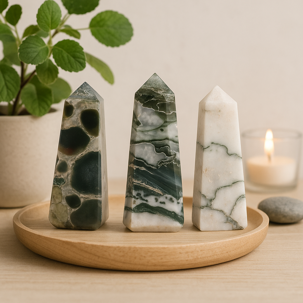 Moss Agate Crystal Towers Set of 3 | SHAMTAM
