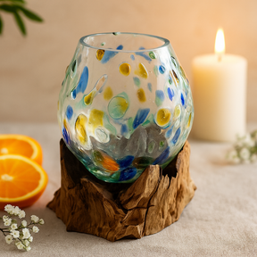 Hand Blown Glass Bowl on Wooden Base