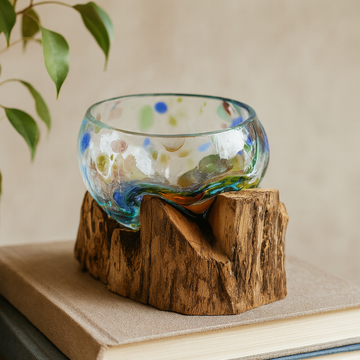 Cuenco de Vidrio de Colores Soplo a Mano con Base de Madera Pequeño