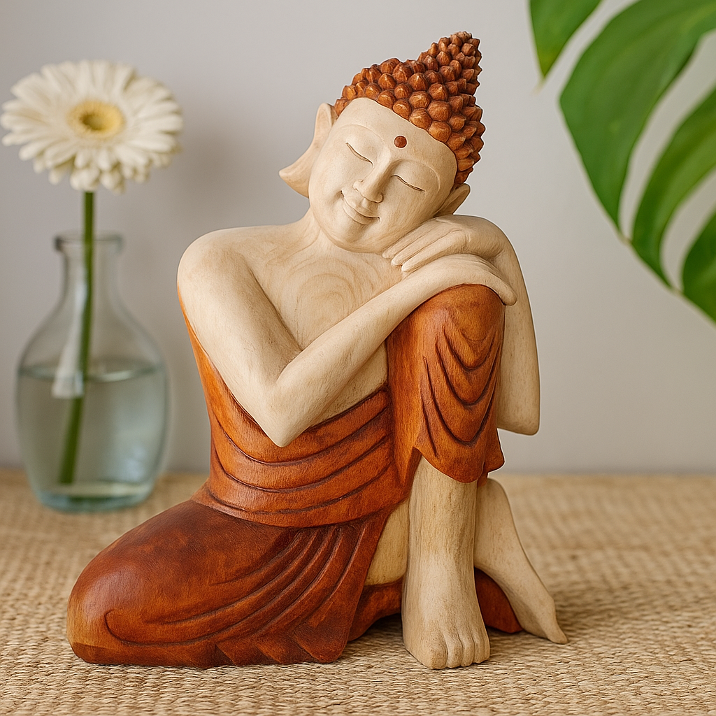 Statuie Buddha Gânditor Sculptată Manual din Lemn de Suar 25cm
