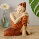 Statuie Buddha Gânditor Sculptată Manual din Lemn de Suar 25cm