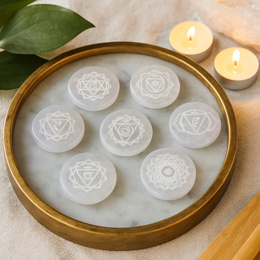 Ensemble de 7 plaques de chargement des chakras en sélénite