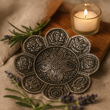 Incense Holder Tibetan Symbols Polished Aluminium 12cm