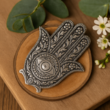 Podstawka na kadzidło w kształcie ręki Hamsa, polerowane aluminium, 14cm