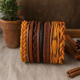 Mens Bracelet Set Leather and Metal Adjustable