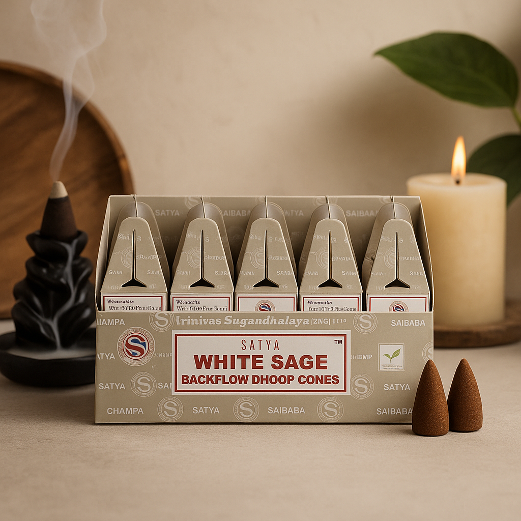 Backflow-Dhoop-Kegel aus weißem Salbei – Satya, 24 Stück