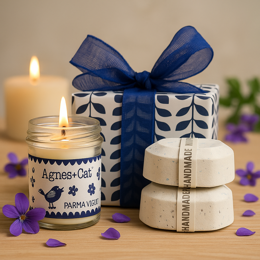 Cutie cadou cu lumânare Parma Violet, 2 efervescente de baie