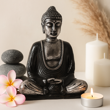 Meditations-Buddha staty svart och grå resin medium