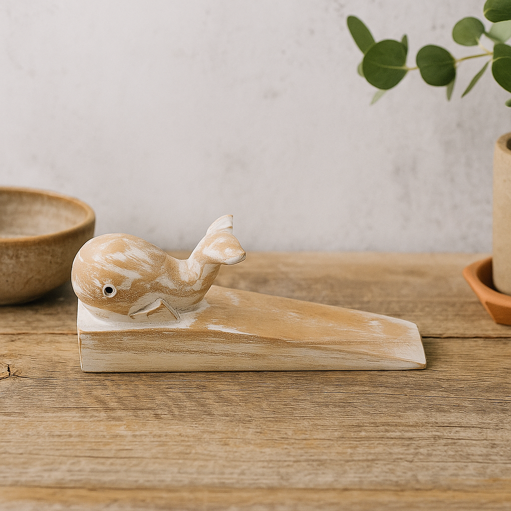 Fermaporta Balena in Legno Intagliata a Mano