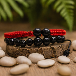 Black Agate Beaded Bracelets Set of 2