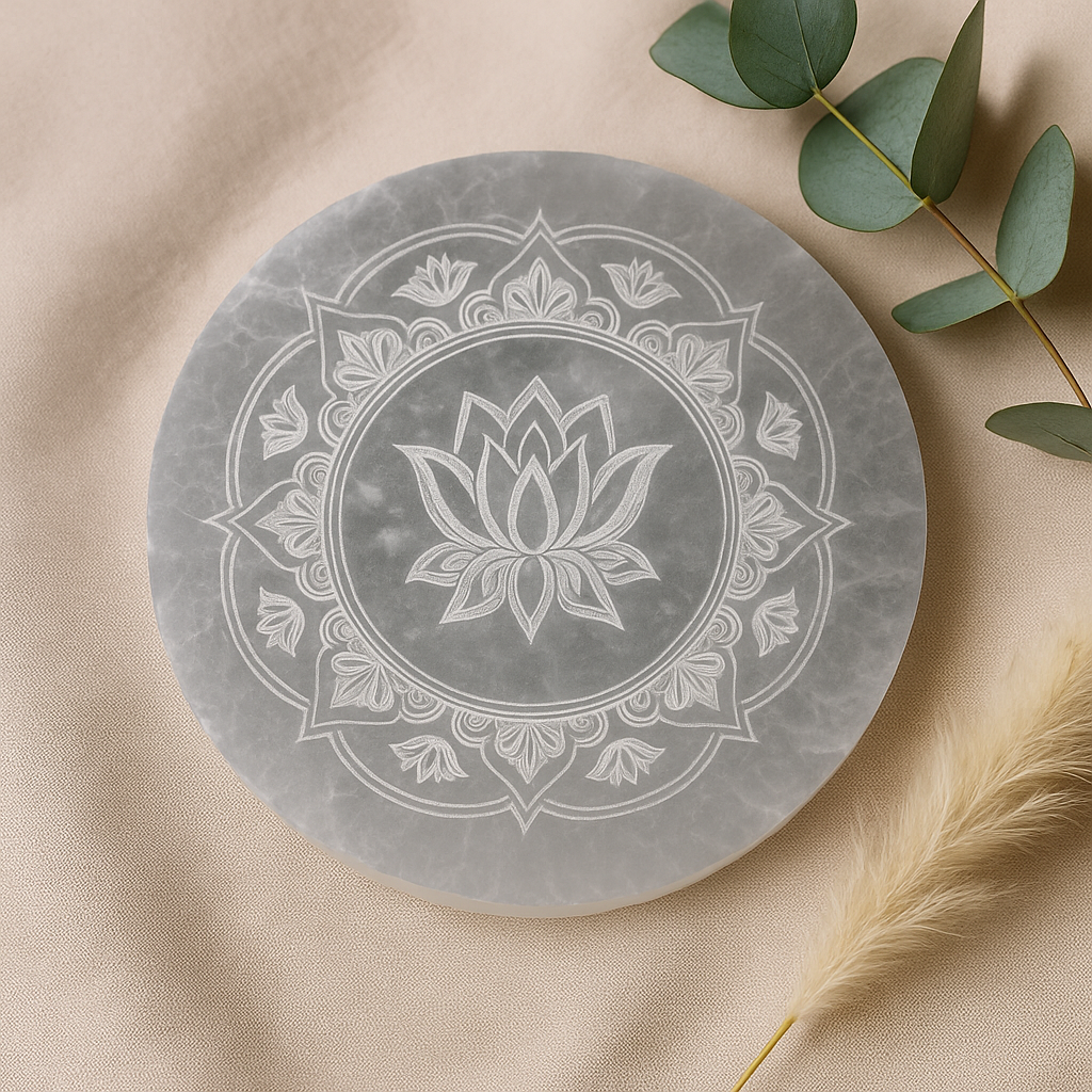 Selenitová nabíjecí deska Lotus Mandala 10 cm