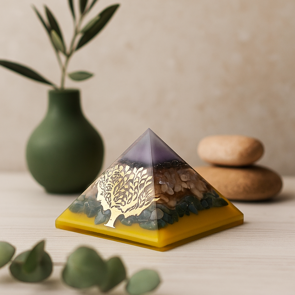 Orgonitová pyramida strom zlatý podstavec měděné krystaly 70mm