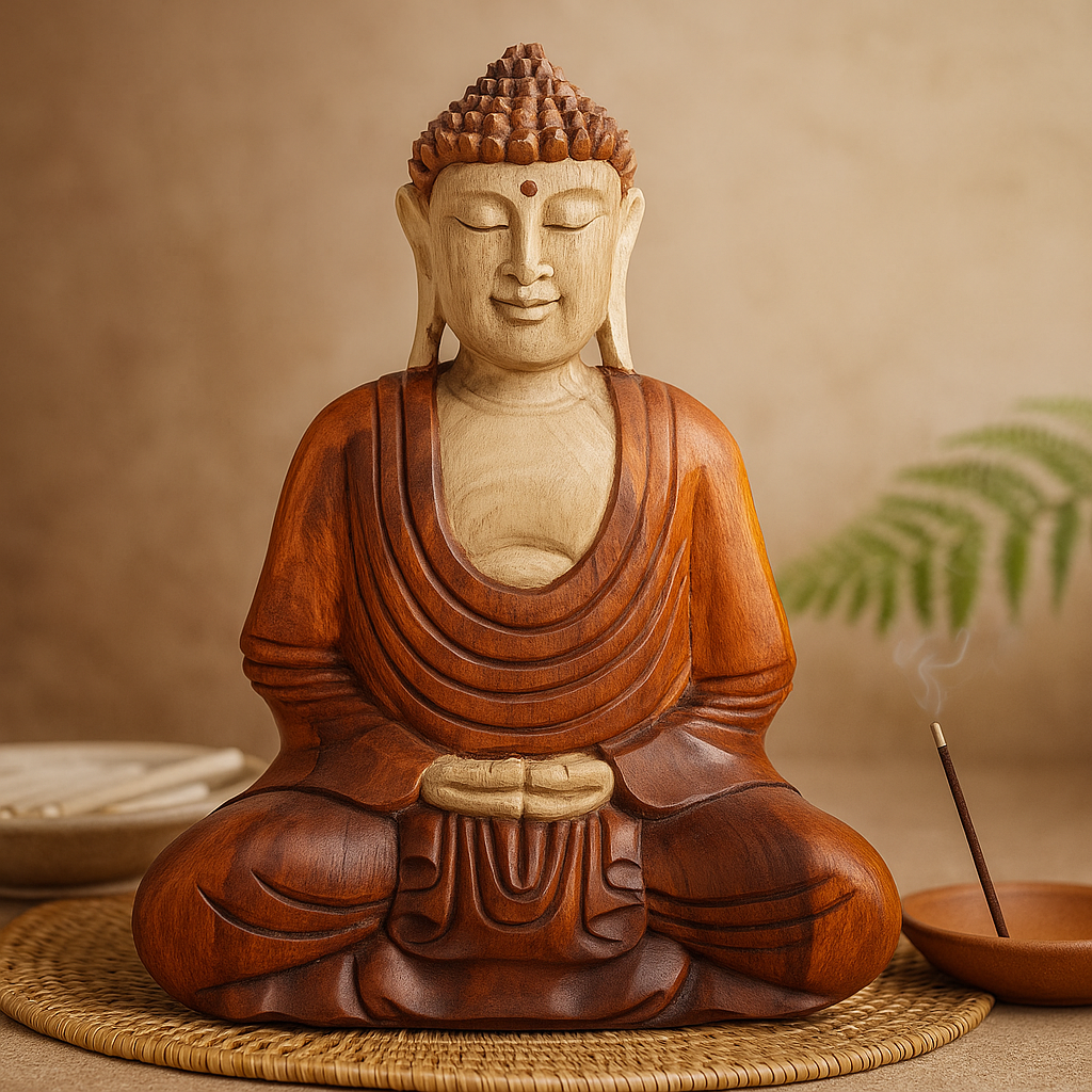 Statuie Buddha sculptată manual din lemn de suar 40cm Hand Down
